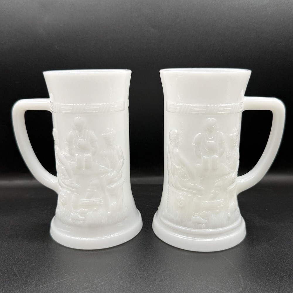 (2) Vintage‎ Federal Milk Glass Beer Steins Mugs Tavern Scene 6" Set